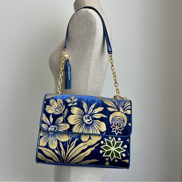 Tory Burch Handbags - Tory Burch Blue and Gold Floral Velvet Shoulder Bag